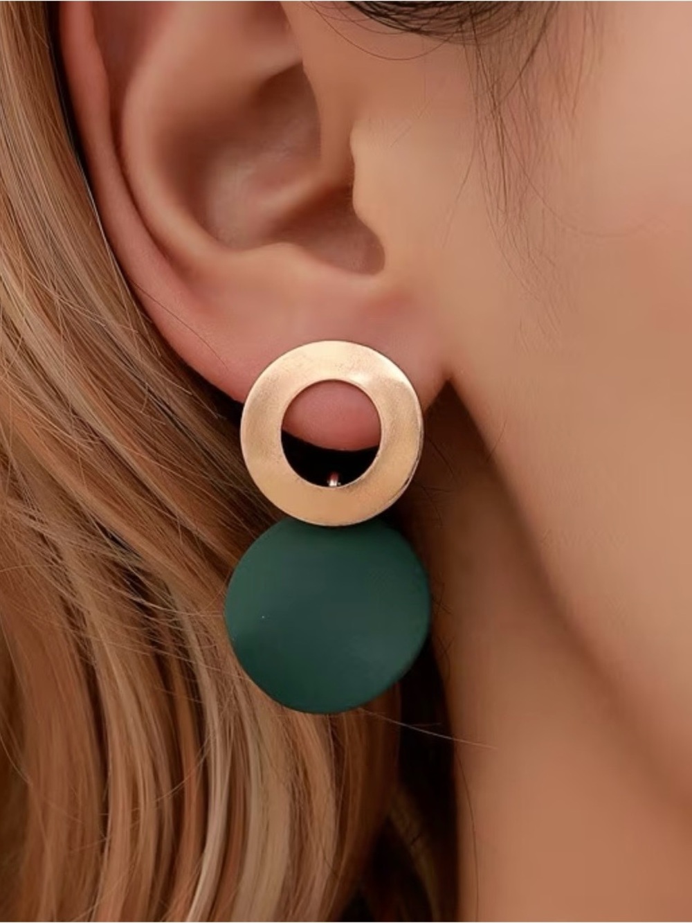 Gold & Dark Green Circular Drop Earrings — Modern Double Disc